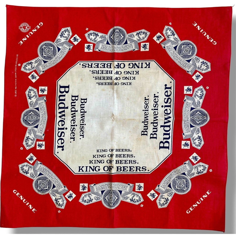 Vintage Budweiser Bandana King of Beers Red White Blue Cotton Poly Made in USA